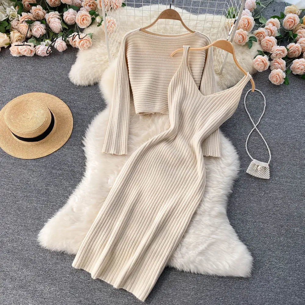 Ingvn - Women Elegant Slim Two Piece Sets Female Sweater Dress Autumn Winter High Waist Knitted Ensemble Femme Medium Long Party Dresses