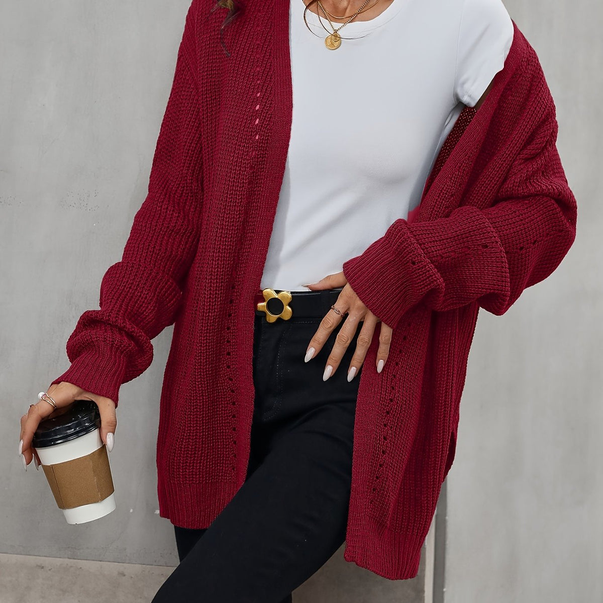 Solid Color Open Front Cardigan, Casual Long Sleeve Cardigan For Fall & Winter, Women's Clothing