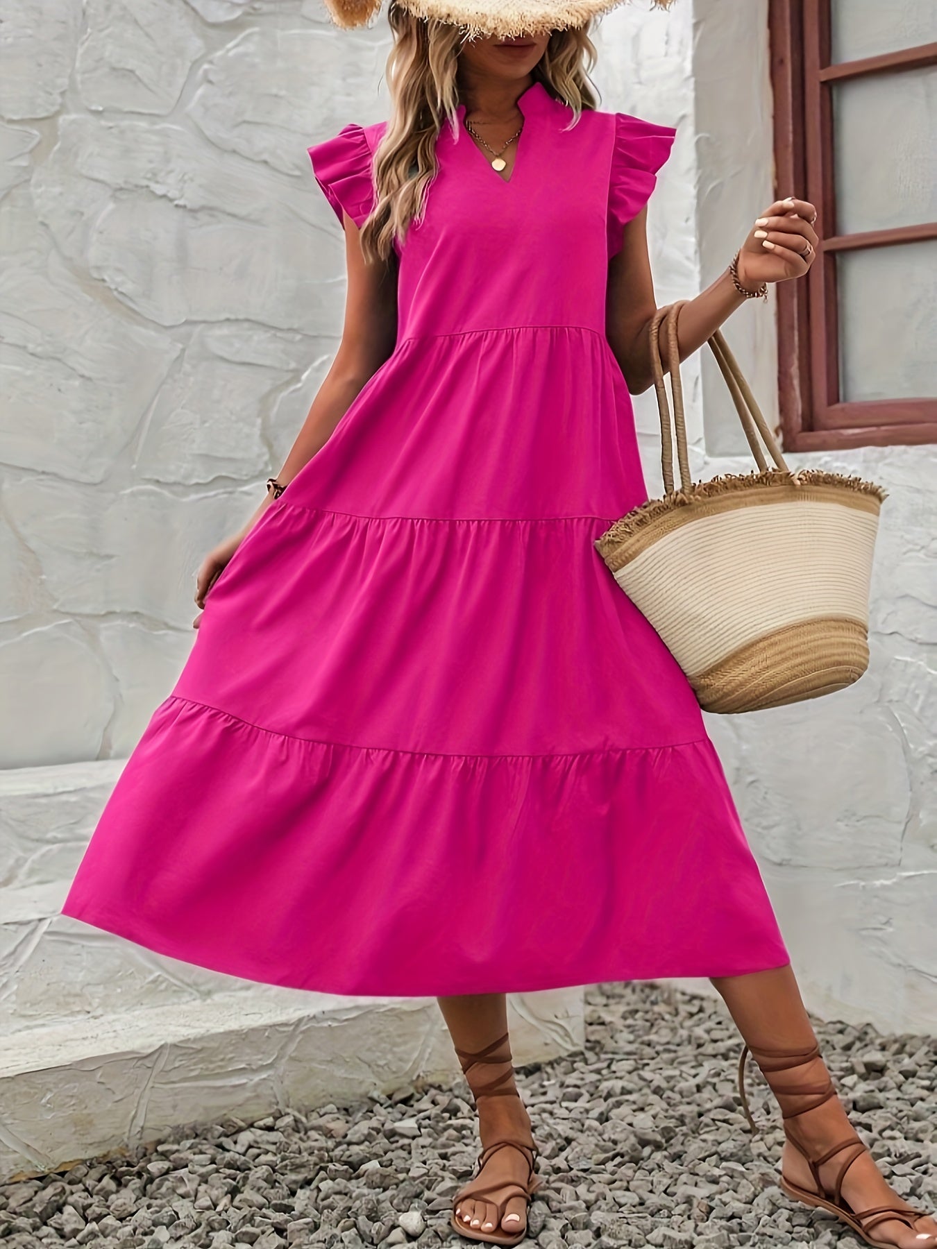 Elegant Ruffle Hem Dress - Flowy V Neck, Ruffled Sleeves, Loose Fit, Spring & Summer Essential, Women's Clothing for Elegant Dressing and Special Occasions