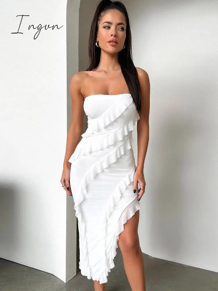 Ingvn - Strapless Ruffles Split Maxi Dress Women New Off-shoulder Sleeveless Bodycon Dresses Elegant Sexy Party Dress Clubwear