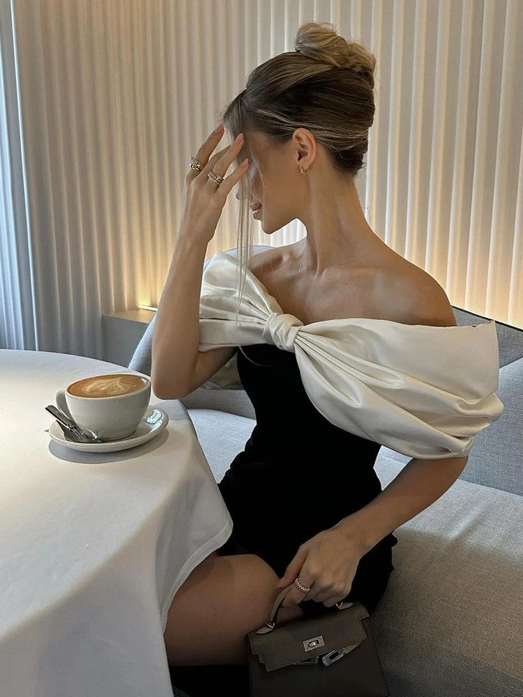 Fashion Off Shoulder Satin Bow Dress For Women Y2K Sexy Backless Mini Dress Female Holiday Evening Party Looks Chic Lady Dress