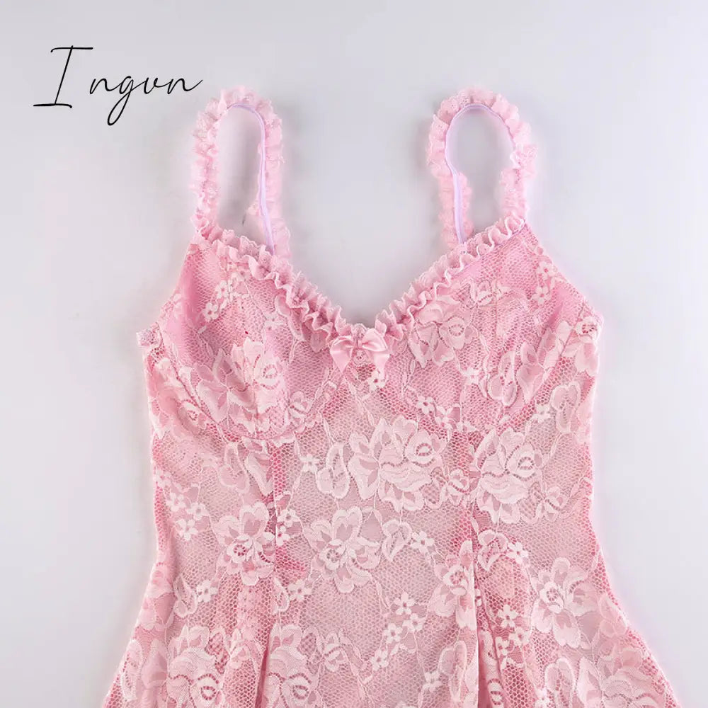 Ingvn - Sweet Cute Lace Cami Dress See Through Sexy Slim Sleeveless Ruffles Bow A-Line Mini Dresses For Women Summer Spring Lady