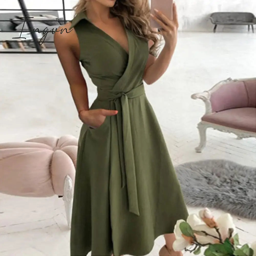 Ingvn - v neck long sleeve spring summer printed dress