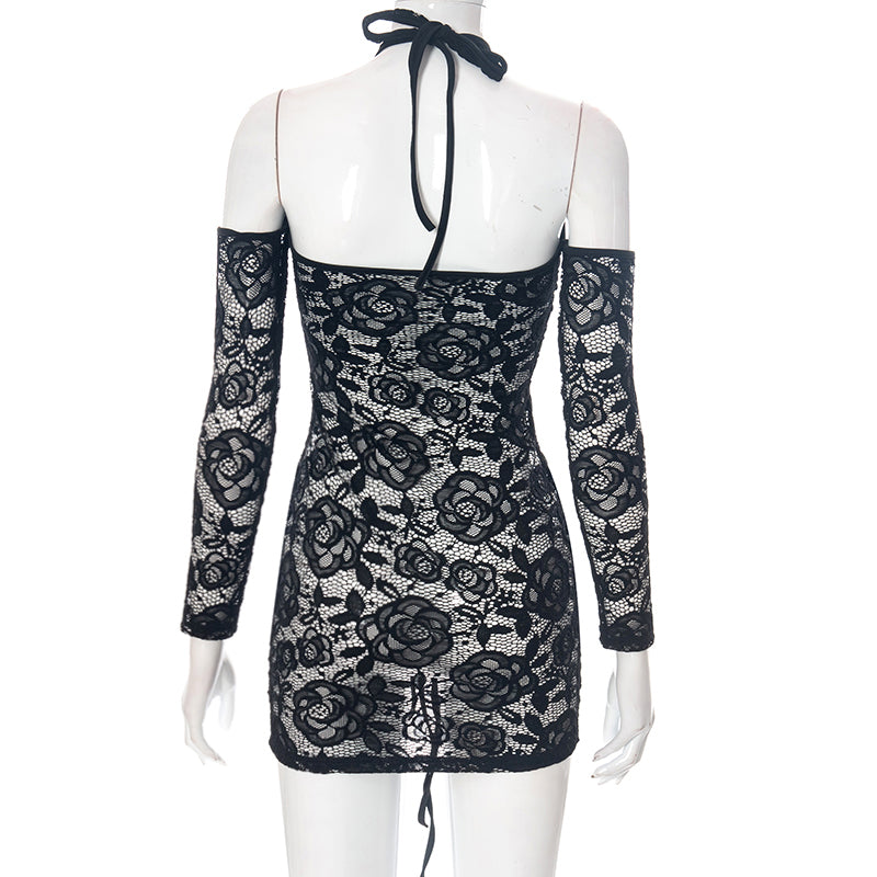 Voguable Lace Up Drawstring Ruched Women Halter Lace Mini Dress  Hollow Out Backless Bodycon Sexy Streetwear See Through