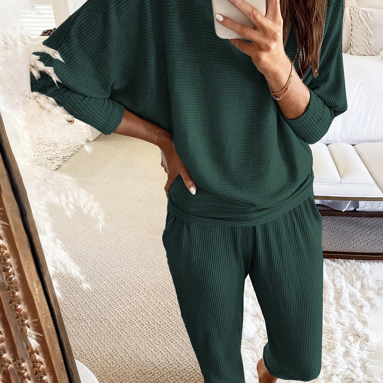 Cozy Womens Ribbed Lounge Set - Soft High-Elasticity Polyester, Crew Neck, Batwing Sleeve, Relaxed Fit, Pockets, Machine Washable, Perfect for Fall and Winter Season