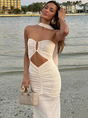 Hollow Out Backless Sexy Maxi Dress Women Gown Summer Halter Off-shoulder Backless Club Party Long Dress Elegant