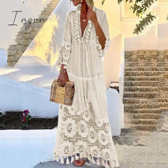 Ingvn - Dress Autumn Fashion Casual Party Bohemian Large Size V-Neck Solid Color Lace Tassel Long Dress