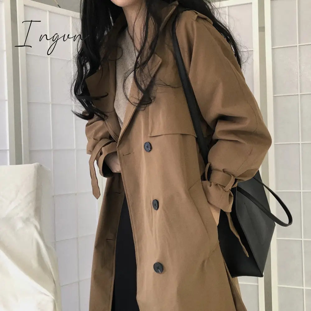 Ingvn - Chic Women Trench Coat Casual Women's Long Outerwear Loose Overcoat Autumn Winter Fashion Double-breasted Windbreaker Femme
