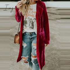 Ingvn - Hot Sell Quality New Fashion Fall Winter Women Lapel Cardigan Buttons Long Jacket Casual Solid Color Golden Velvet Office Lady Elegant Soft Coats