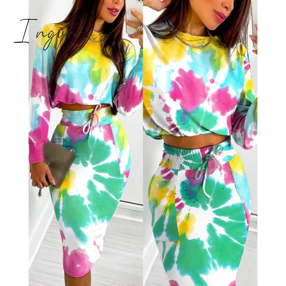 Ingvn - Sexy Crop Long Sleeve Pink Bodycon Dress Sets Women Autumn Print Cropped Feminino Two Piece Set Women Skirt Dress Suits