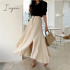 Ingvn - New Vintage Elastic Waist Buttons Irregular Chic Cotton and Linen Split Spring Summer Women's Long Skirts SK8560