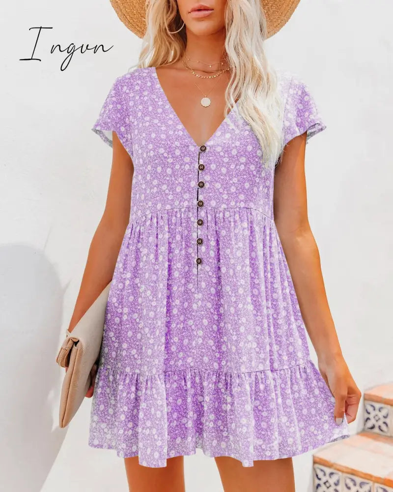Ingvn - Spring summer v-neck floral short-sleeved dress