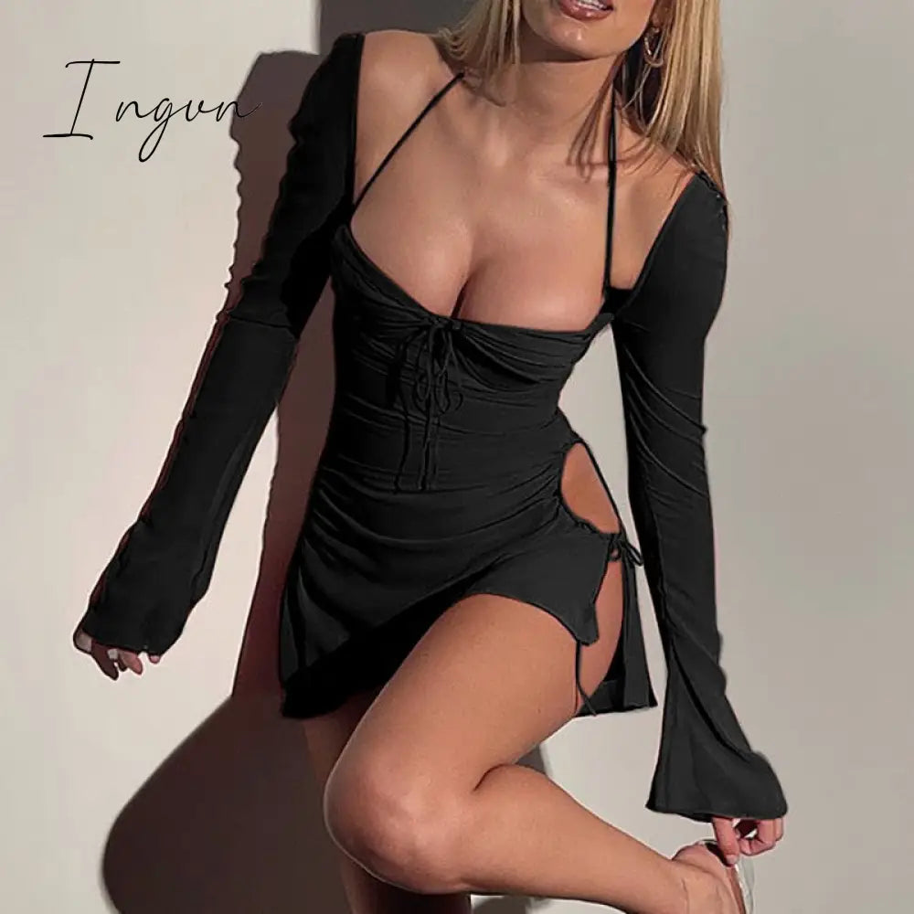 Ingvn - Going Out Outfits Spring Elegant Cut Out Halter Bodycon Mini Dress Women Sexy Flare Long Sleeve Drawstring Backless Party Dresses