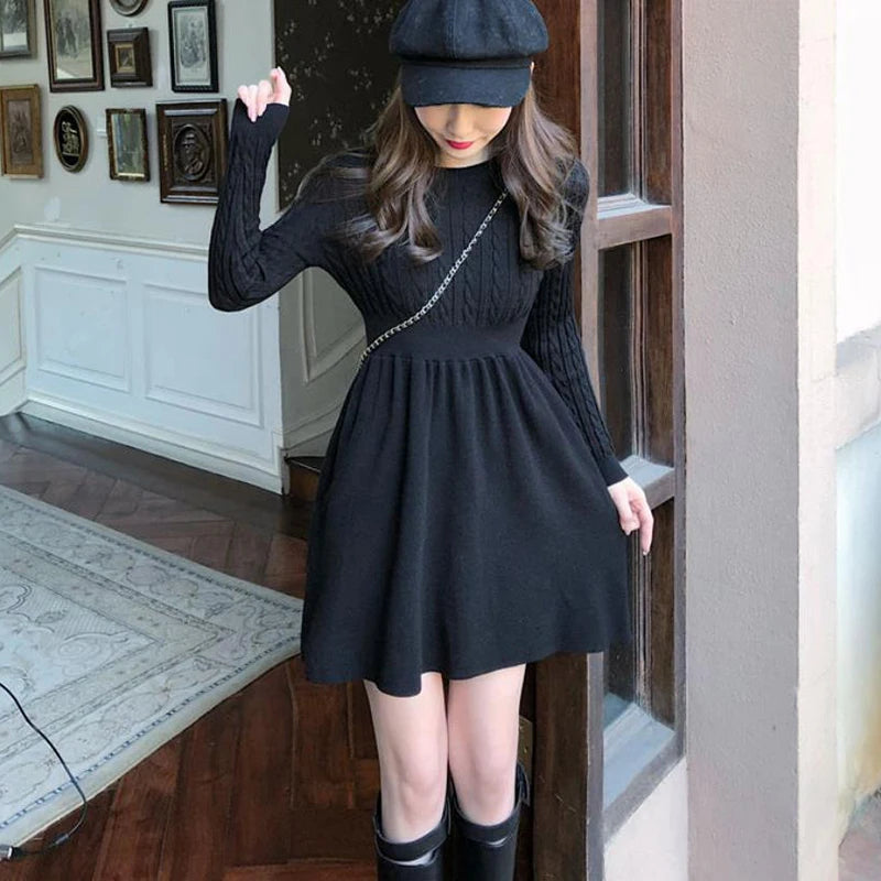 Korean Style Solid Inside Knitting Mini Dress Woman Autumn Winter Warm Long Sleeve Sweater Dresses Elegant Women's Waist Dress