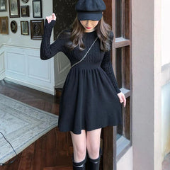 Korean Style Solid Inside Knitting Mini Dress Woman Autumn Winter Warm Long Sleeve Sweater Dresses Elegant Women's Waist Dress
