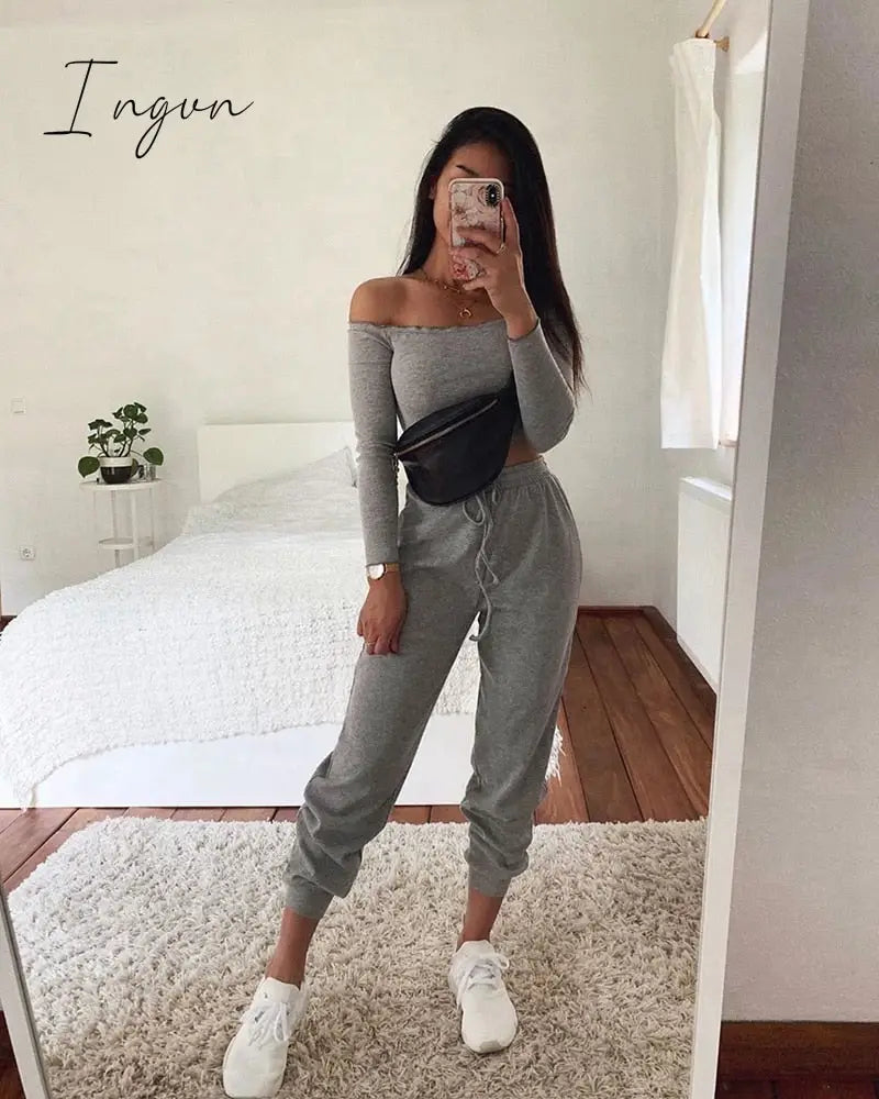 Ingvn - Summer New Women's Wear Collar Shoulder Sports Suit Nine-Minute Sleeve Tight Belt Trousers Gray Two-Piece Pants