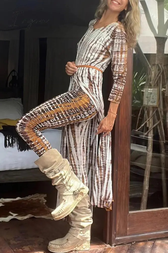 Ingvn - Casual Vintage Striped Slit Without Belt V Neck Long Sleeve Two Pieces(No Belt)