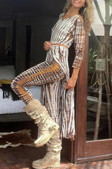 Ingvn - Casual Vintage Striped Slit Without Belt V Neck Long Sleeve Two Pieces(No Belt)