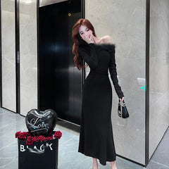 Korean Sexy Patchwork Long Sleeve Knitted Midi Dresses for Women Autumn New Elegant Party Bandage Sweater Female Clothing
