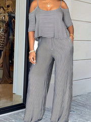 Plus Size Casual Outfits Two Piece Set, Women's Plus Stripe Print Cold Shoulder Top & Wide Leg Pants With Pockets Outfits 2 Piece Set