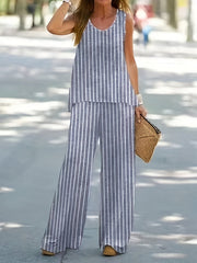 Stripe Print Matching Two-piece Set, Casual Crew Neck Tank Top & Wide Leg Pants Outfits, Women's Clothing