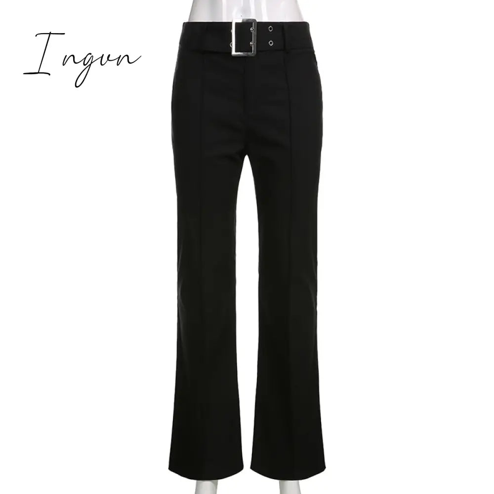 Ingvn - 2023 Spring Womens Fashion Goth Dark Y2k E-girl Striped Print Gothic Suit Pants Black Slim High Waist Zipper Front Trousers Women Autumn Fashion Streetwear
