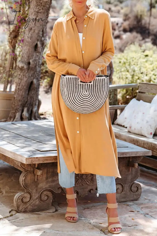 Ingvn - Casual Simplicity Solid Slit Turndown Collar Tops