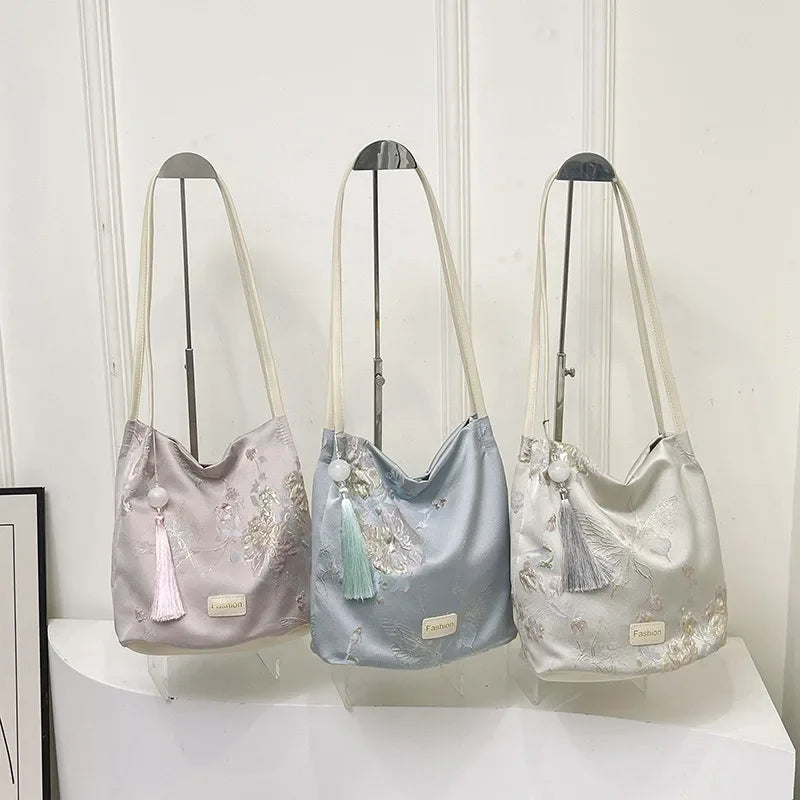 Ingvn  Floral Embroidery Bucket Handle BagWomen Hanfu Collocation Butterfly PU Strap Satin Shoulder Bag
