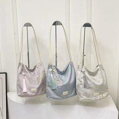 Ingvn  Floral Embroidery Bucket Handle BagWomen Hanfu Collocation Butterfly PU Strap Satin Shoulder Bag