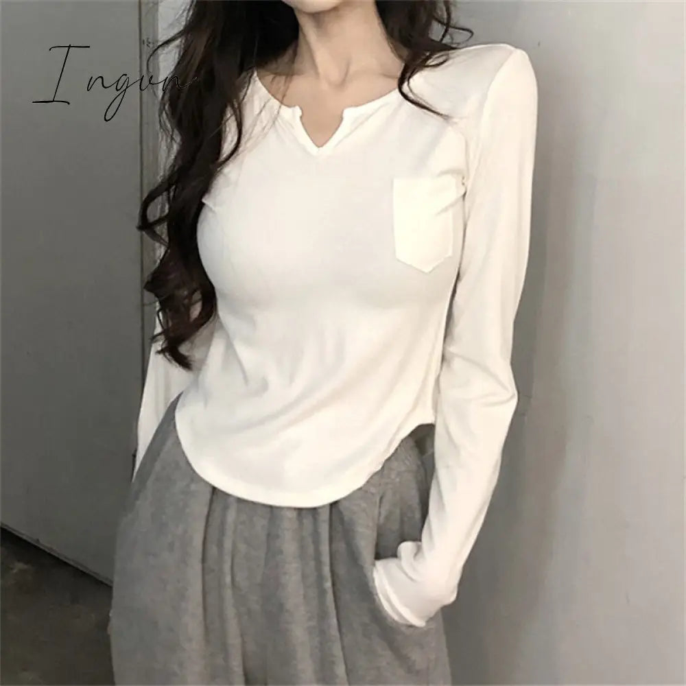Ingvn - White T Shirt for Women 2023 New Long Sleeve Turn Down Collar Slim Tee Shirts Korean Fashion Office Ladies Casual Top