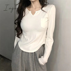 Ingvn - White T Shirt for Women 2023 New Long Sleeve Turn Down Collar Slim Tee Shirts Korean Fashion Office Ladies Casual Top