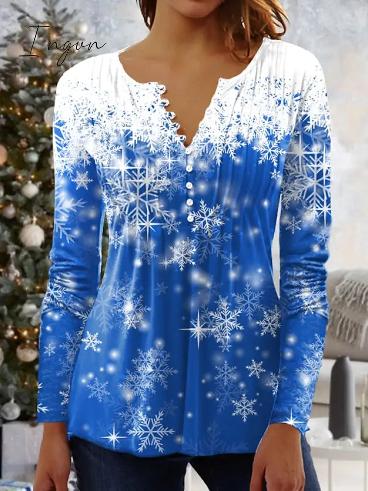 Ingvn - Women's Shirt Black Pink Red Snowflake Button Print 3/4 Length Sleeve Christmas Weekend Streetwear Round Neck Regular Fit