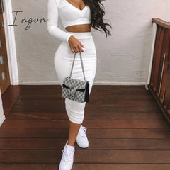 Ingvn - Sexy Two Piece Sets V-Neck Long Sleeve Crop Top Knitted Long Skirt Party Women Sets Wrap Club Bodycon 2 Pieces Outfits