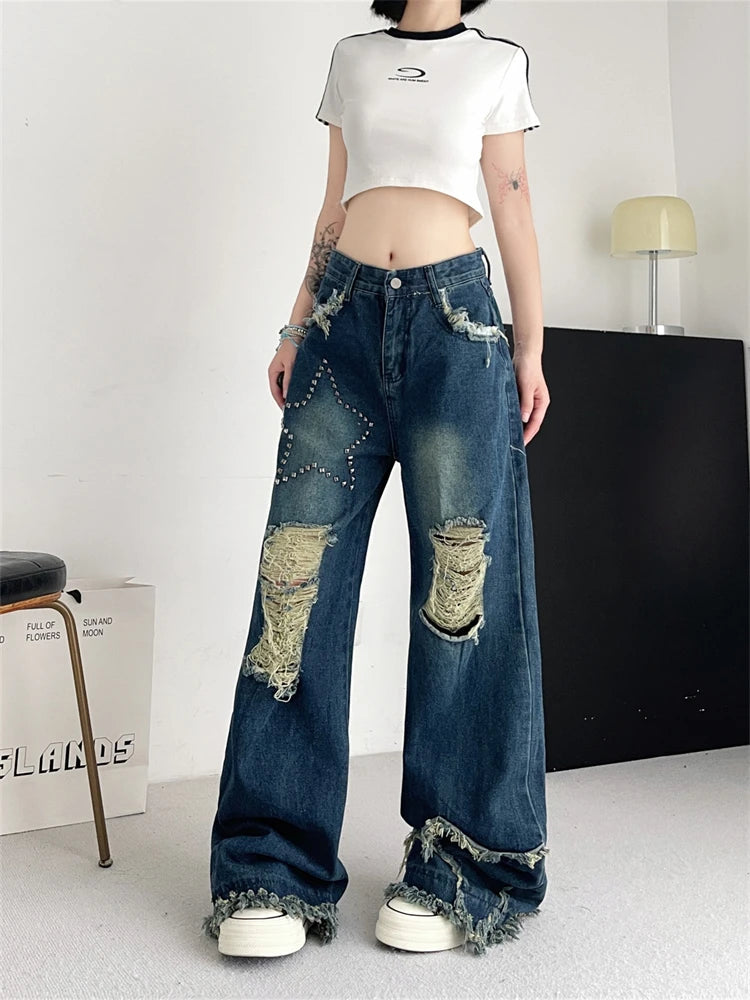 Ingvn  Women's Broken Hole Tassel Star Jeans Young Girl Straight Denim Trousers Vintage Street Style Bottoms Female High Waisted Pants