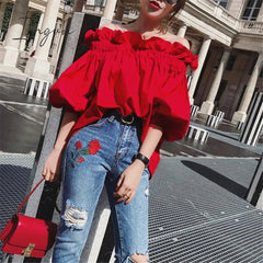 Ingvn - Ruffles Fashion Woman Blouse Off the shoulder Youth Elegnat Blouses Luxury Tops Designer Puff sleeve Korean New