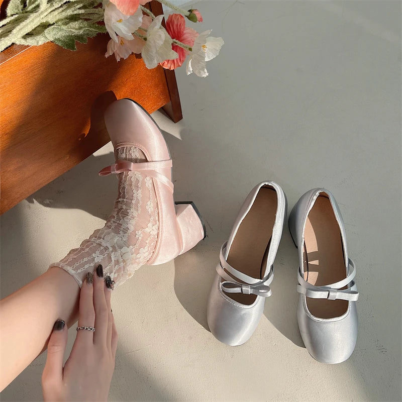 Ingvn  New Mary Janes Shoes Women's High Heels Pumps Women Butterfly-knot Square Heel Shoes Women Thick Heel Shoes Zapatos Mujer