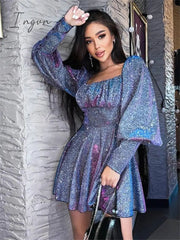 Ingvn - Forefair Loose Party Club A Line Long Sleeve Women Mini Dress Spring Summer Casual Shining Glitter Women's Girls Dresses