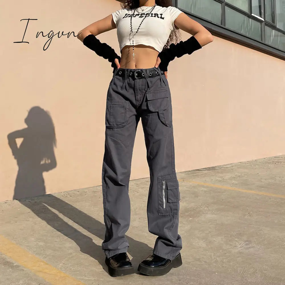 Ingvn - Vintage Streetwear Cargo Pants Women Harajuku Street Loose Straight Women Jeans Casual Slim Versatile High Waisted Jeans Pants