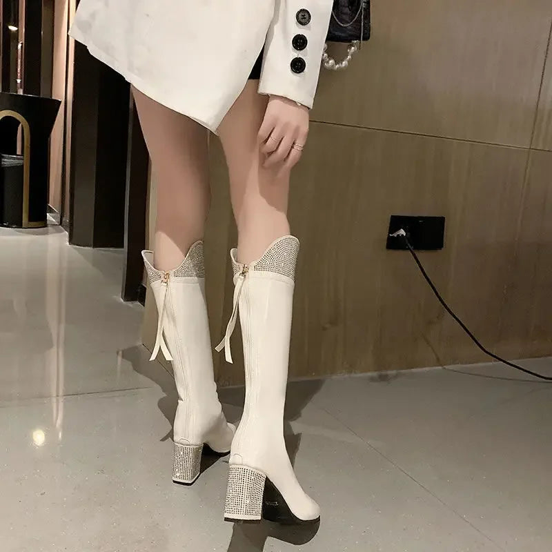Ingvn  Footwear Long Square Toe Ladies Boots White Shoes for Women Tassel Winter Knee High Shaft Rhinestone Chic and Elegant Hot New In