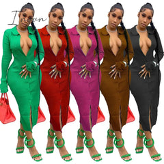Ingvn - Womens Fashion Long Sleeve Knitted Button Midi Dress Turn Down Collar Slim Sexy Dresses Autumn Ribbed Robe Women Clothing Vestidos