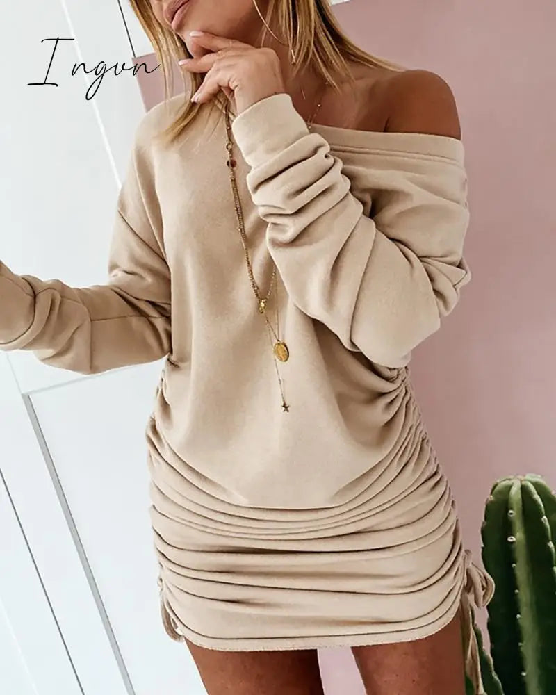 Ingvn - Women Sexy Mini Dress Casual Ruffled Drawstring Solid Pencil Dress Autumn Long Sleeve Off Shoulder Pullovers Ladies Slim Dress