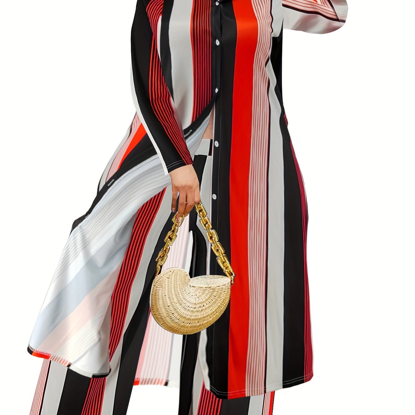 Plus Size Fashionable Outfits Set, Women's Plus Striped Button Up Long Sleeve Shirt Dress & Wide Leg Pants Outfits Two Piece Set