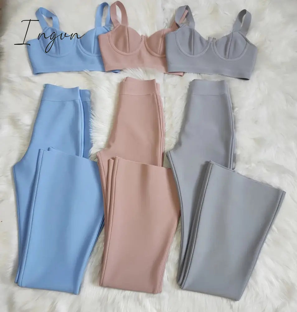 Ingvn - Summer New Women's Fashion Sexy Bandage 2 Two-piece Set Sleeveless Tight Short Top &  High Waist Flared Trousers Pants Set