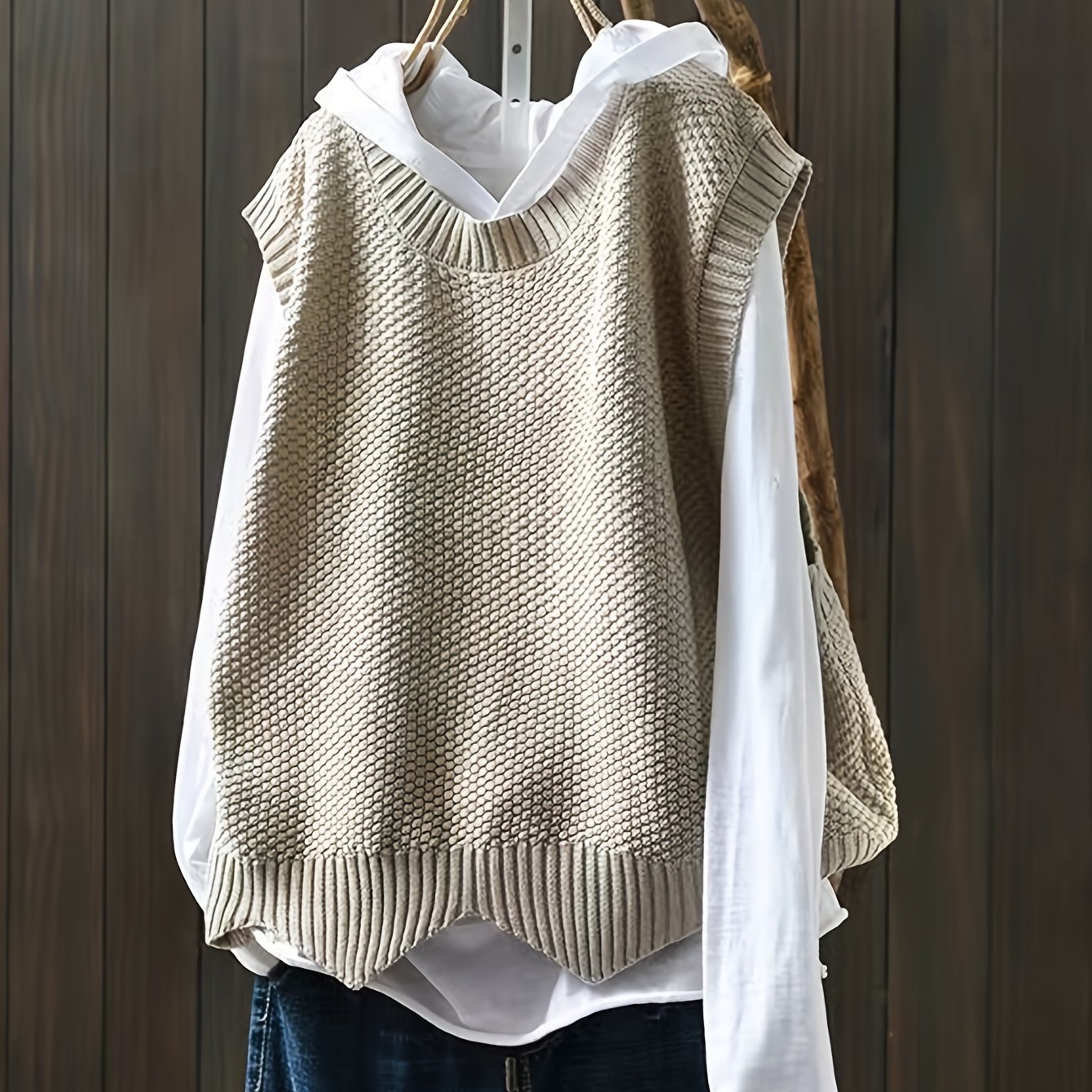 Solid Crew Neck Knitted Vest, Casual Sleeveless Loose Sweater, Women's Clothing