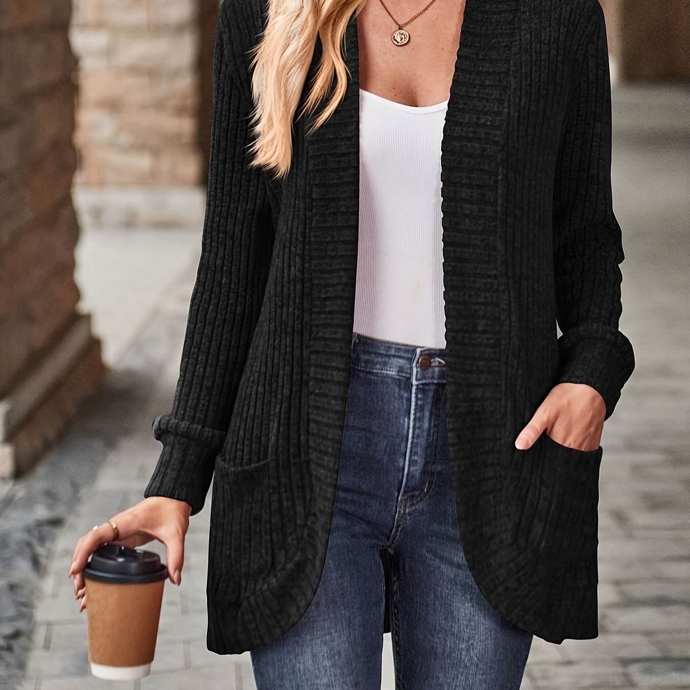 Cozy Rib Knit Cardigan for Women - Soft & Stylish Solid Open Front Sweater with Pockets - Casual Long Sleeve Fashion Clothing