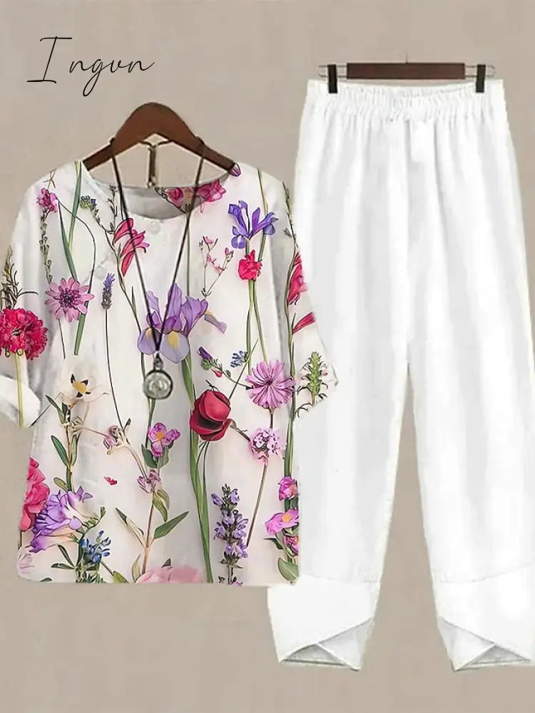 Ingvn - Women's Shirt Pants Sets Pants Trousers Basic White Pink Holiday Weekend Graphic Striped Print Round Neck S M L XL 2XL