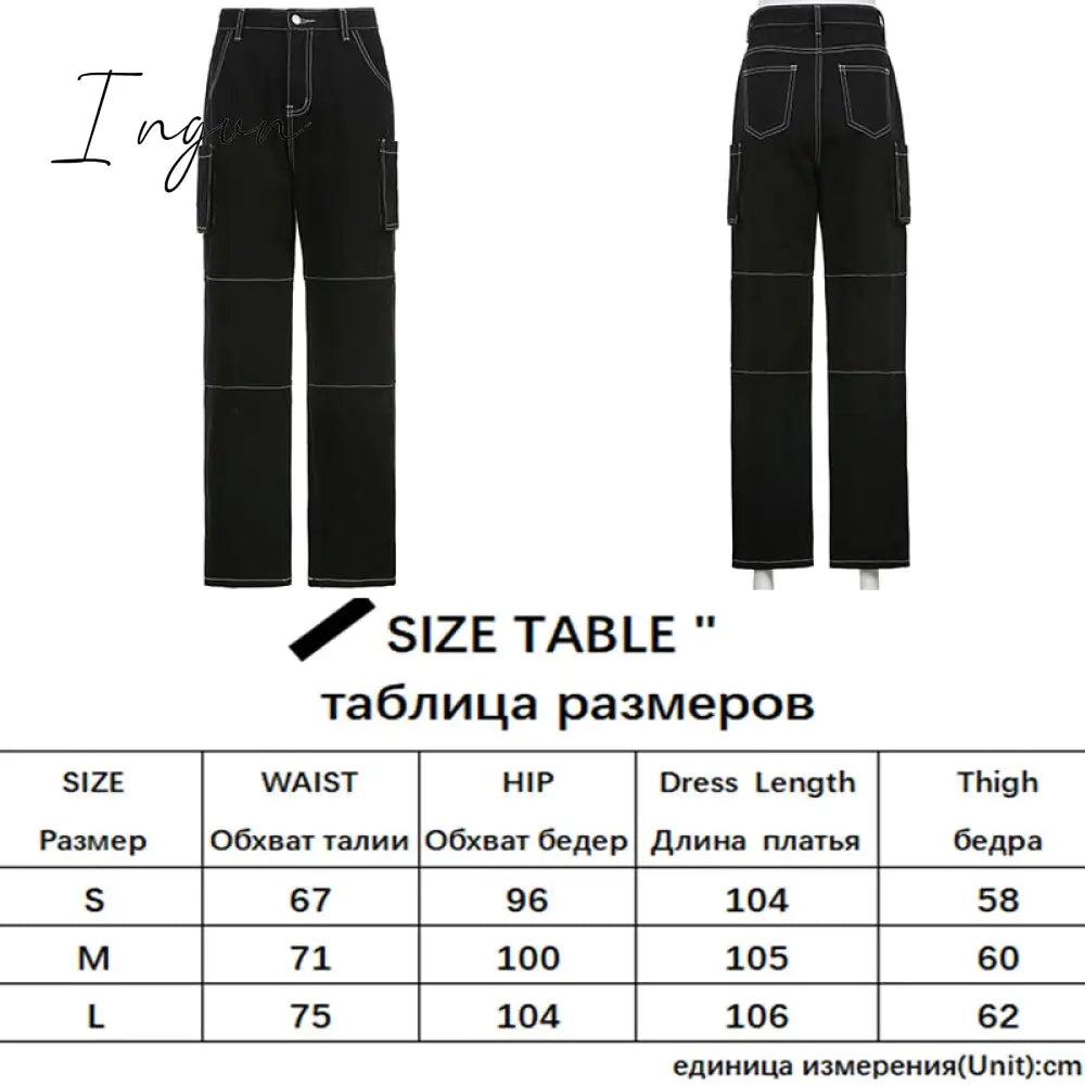 Ingvn - Womens Fashion Trends Pockets Patchwork Baggy Jeans Fashion Streetwear 100% Cotton Women Denim Trouser Loose Cargo Pants Korean Jeans Harajuku