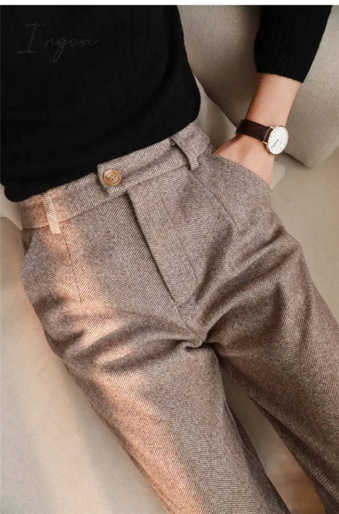 Ingvn - Herringbone Woolen Pants Women's Harem Pencil Pants Autumn Winter High Waisted Casual Suit Pants Office Lady Women Trousers
