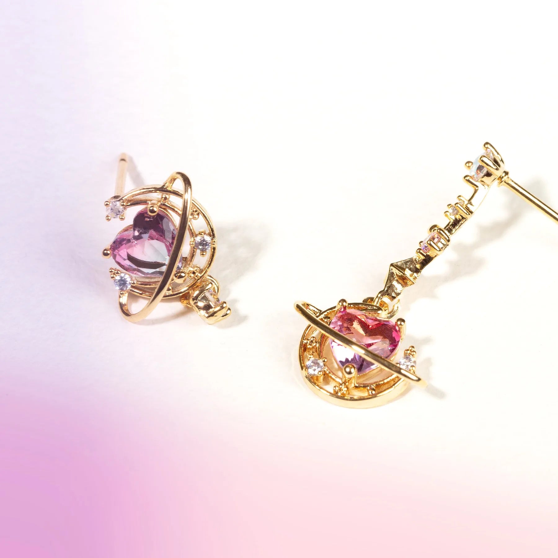 INGVN  New Ins Asymmetric Moon Heart Earring For Women Cute Gold-plated Pink Zircon Heart Stud Earrings Fashion Aesthetic Jewelry Gift