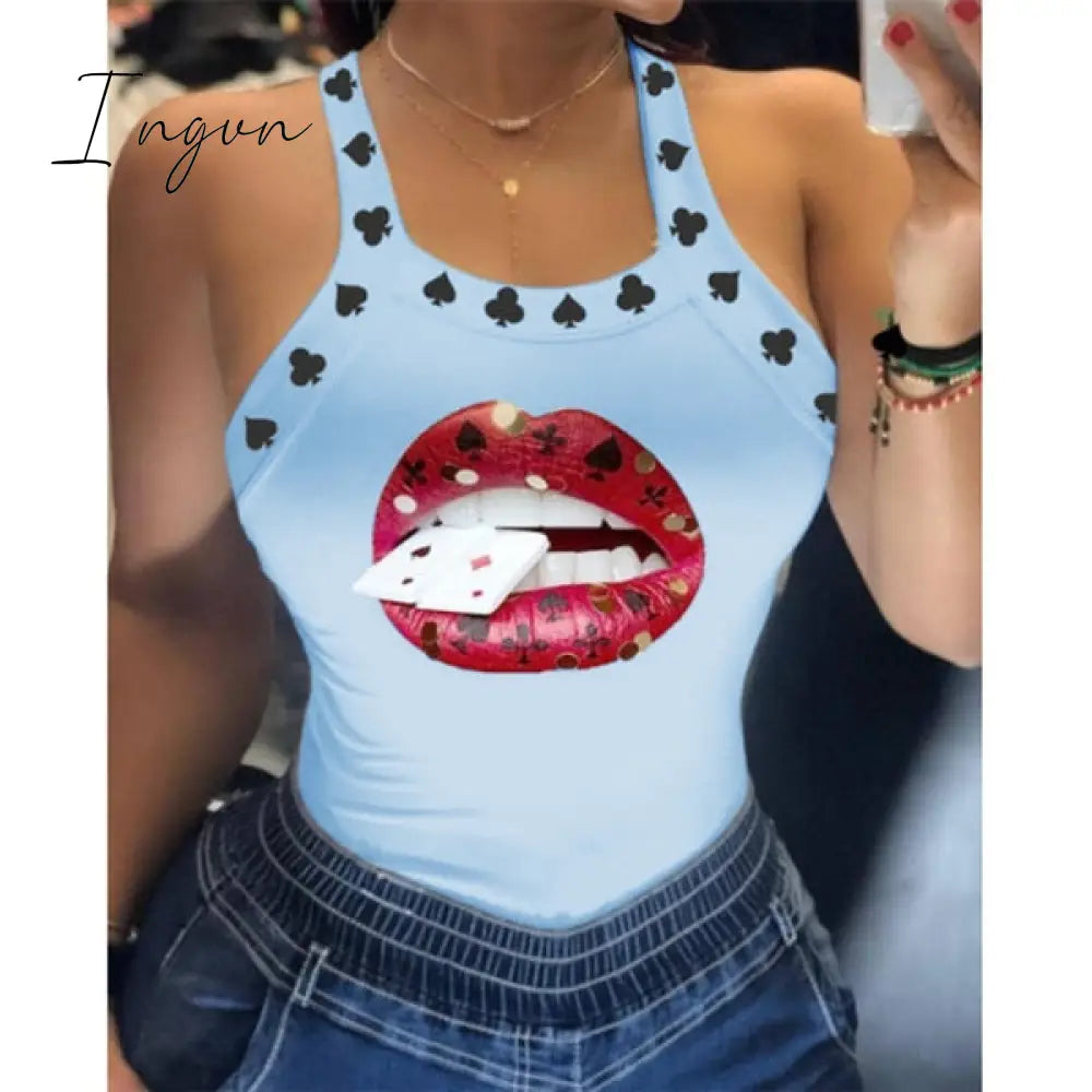 Ingvn - Tank Tops Women U Neck Letter Print Lips Vest Summer Ladies Harajuku Shirts Slim Fit Polyester Sleeveless Top Tshirts